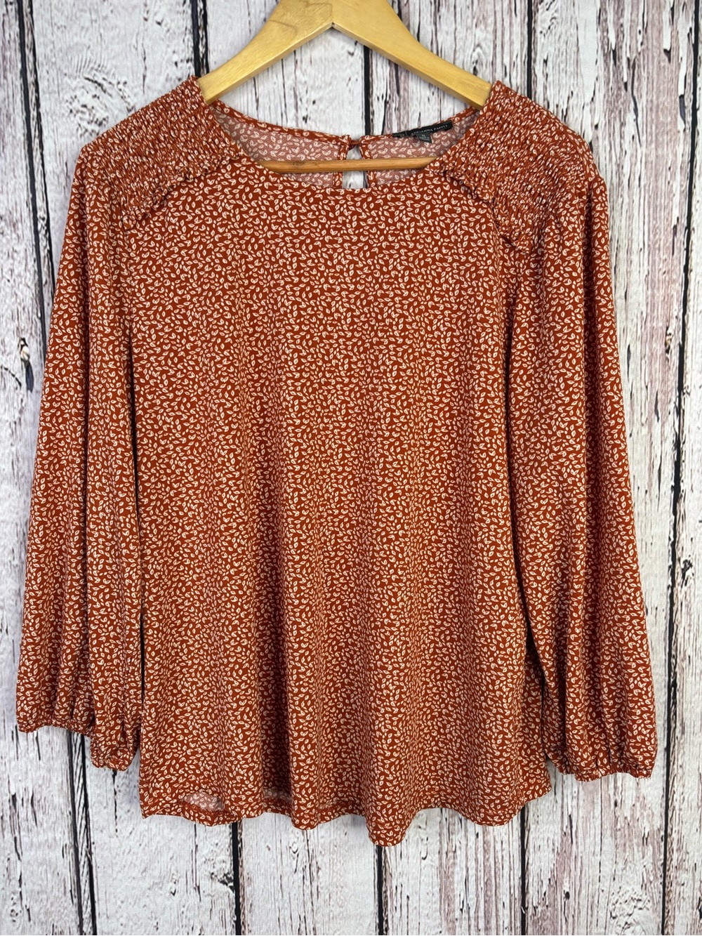 Adrianna Papell Women’s XL Rust Orange Blouse Leaf Print 3/4 Sleeves Shirred Top